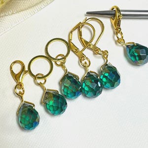 Aurora Emerald Crystal Stitch Markers, Snag-Free Rings, Leverbacks, Progress Keepers