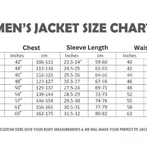Puede incluir: Tabla de tallas de chaquetas para hombre, que muestra las medidas de pecho, largo de manga y cintura en pulgadas y cent&iacute;metros. Las tallas van de XS a 5XL, con las medidas correspondientes. Se ofrecen tallas personalizadas.