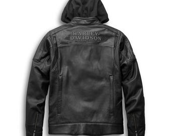 Chaqueta de motociclista Harley-Davidson 3 en 1 con brazo oscilante negro para hombre, de piel de vaca auténtica.