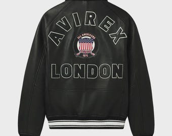 Avirex Men’s Black LONDON ICON Bomber Jacket Genuine Cowhide Leather  American Flight Jacket
