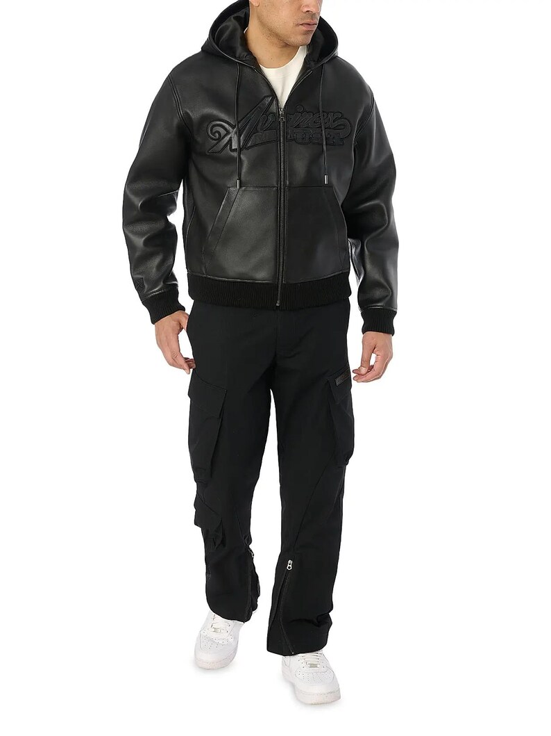 Avirex Men’s Black Nappa Bomber Jacket Genuine Cowhide Leather Hoodie Jacket image 4