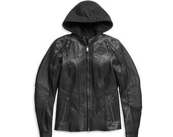 Harley Davidson Women’s Black WILLIE G Auroral II 3-in-1 Biker Jacket Genuine Cowhide Leather Motorbike Riding Jacket