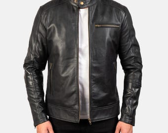 Men’s Black Biker Jacket Genuine Cowhide Leather Café racer Motorbiker Jacket