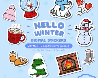 Könnte beinhalten: Eine Sammlung winterlicher digitaler Aufkleber mit einer rosa Strickmütze, einer Schneekugel mit Hase, einem Eisbären mit blauem Schal, roten Fäustlingen, einem Schneemann, einem Kakaobecher, Hausschuhen, einem Tannenbaum und einem Kamin mit dem Text HELLO WINTER DIGITAL STICKERS 28 PNGs 2 Goodnotes Pre-cropped.