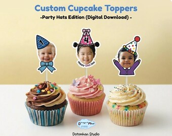 Könnte beinhalten: Drei Cupcakes mit individuellen Cupcake-Toppern mit Kindergesichtern, die Partyhüte tragen. Die Cupcakes haben verschiedene Farben und Dekorationen. Der Text auf dem Bild lautet "Custom Cupcake Toppers - Party Hats Edition (Digital Download)".