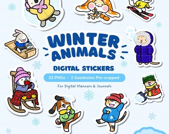 Könnte beinhalten: Eine Sammlung digitaler Aufkleber mit dem Titel Winter Animals Digital Stickers 32 PNGs 2 Goodnotes Pre-cropped For Digital Planners & Journals. Die Aufkleber zeigen verschiedene Tiere in Winterkleidung, darunter einen Koala, einen Hamster, einen Skifahrer, einen Schlittenfahrer, einen Pinguin und einen Hund.