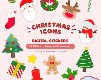 Könnte beinhalten: Eine Sammlung digitaler Weihnachtsaufkleber mit einem Weihnachtsmann-Gesicht, einem Rentier, einem Schneemann, einem Kranz, einer Zuckerstange, einem Strumpf, einem Lebkuchenmann, einer Kerze, einem Stern, einem Geschenk und zwei Weihnachtsbäumen.