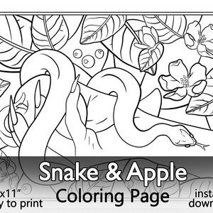 Op de afbeelding: Zwart-witte kleurplaat met een slang die om een tak met appelbloesems is gewikkeld. De tekst "Snake & Apple Coloring Page" staat onderaan de pagina.