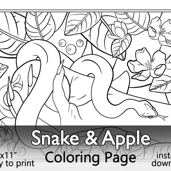 Snake and Apple Coloring Page: instant JPG download, Garden of Eden Biblical illustration, witchy theme long nail hand, small ball python