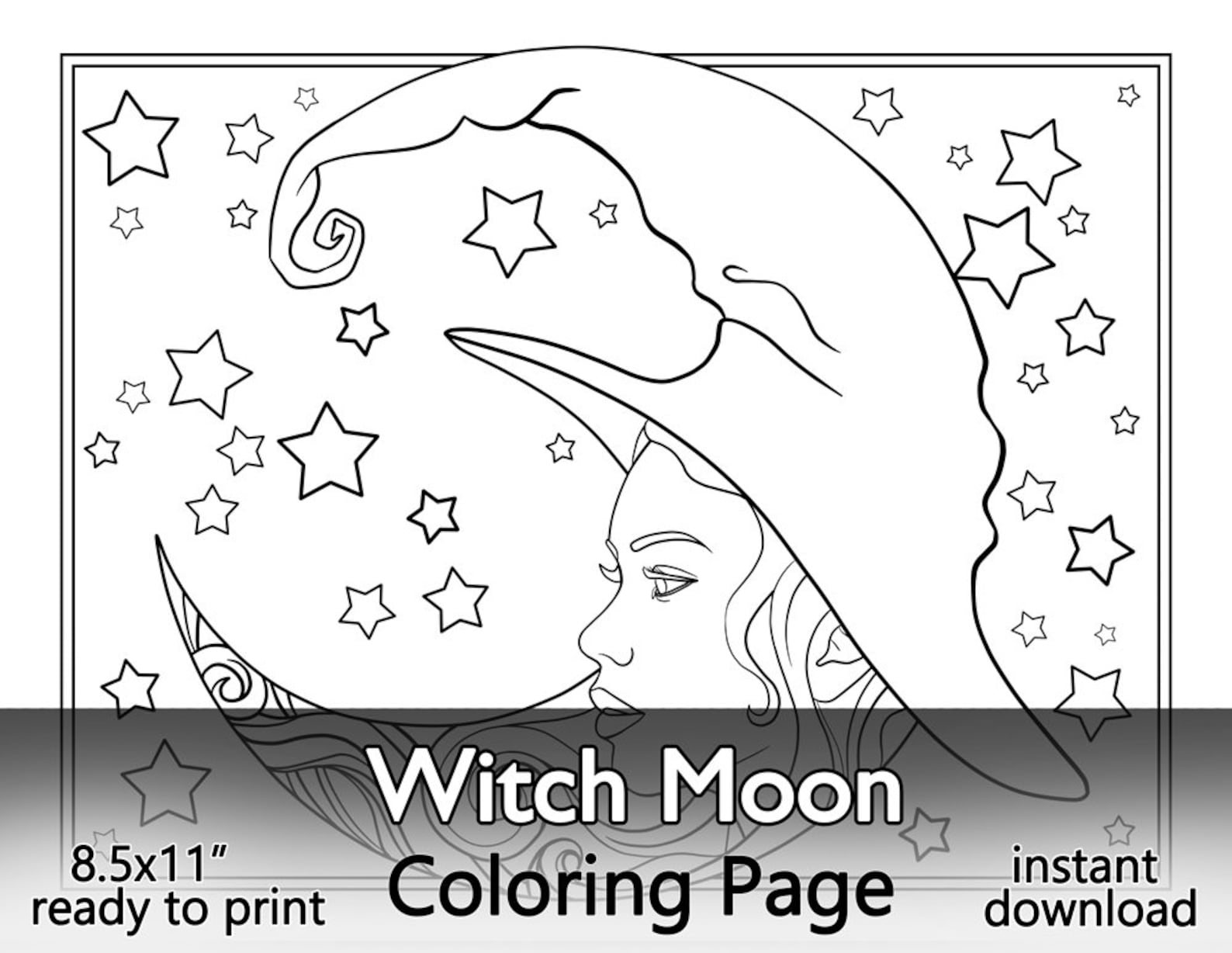 Witch Moon Coloring Page: Printable .JPG File, Lady in the Moon and Stars Celestial Design ...