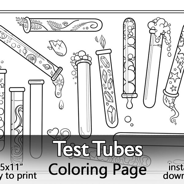 Test Tubes Coloring Page: printable digital file, mad scientist lab illustration, color your own science equipment, bubble heart stone star