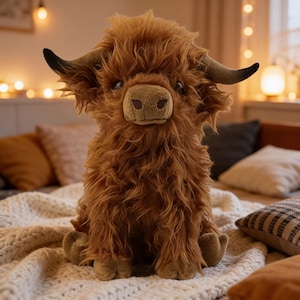 Plüschtier Hochlandkuh, flauschiges braunes Stofftier – Niedliches schottisches Kuh-Kuscheltier für Kinder und Erwachsene, ideal als Zimmerdekoration