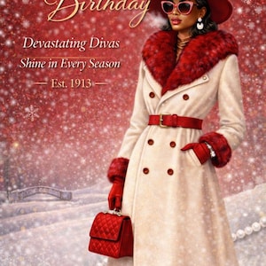 May include: A digital illustration of a woman in a cream-colored coat with red fur trim, gloves, and a hat. The coat is belted at the waist with a red belt. She is holding a red quilted handbag. The background is a snowy scene with the words "Happy Birthday".