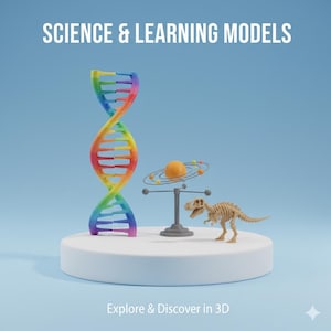以下が含まれることがあります： 青い背景に白いプラットフォームに展示された科学と学習のモデル。カラフルなDNAらせん、太陽系のモデル、恐竜の骨格が含まれています。「SCIENCE & LEARNING MODELS」と「Explore & Discover in 3D」のテキストが表示されています。