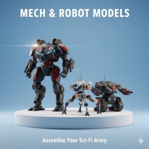 Puede incluir: Tres modelos de robots de ciencia ficción sobre una plataforma blanca sobre un fondo azul. Los modelos incluyen un gran mech negro y rojo, un robot trípode blanco y naranja y un robot tipo tanque negro y rojo. Texto: MECH & ROBOT MODELS y Assemble Your Sci-Fi Army.