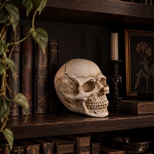 May include: A realistic off-white human skull replica with visible suture lines and detailed teeth, positioned on a dark wooden shelf next to a row of antique books and a black candle holder, creating a stark contrast against the dark background.