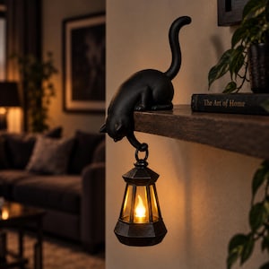 May include: A black cat figurine perched on the edge of a wooden shelf, holding a hanging lantern with a warm, glowing flame-shaped light. The cat has a curved tail and is positioned to suspend the lantern below the shelf surface.