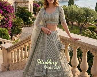 Lehenga Choli di design color verde salvia / Ricamo, paillettes e lavorazione a filo / Lehenga completamente cucito con dupatta / Pronto da indossare / Abito da sposa