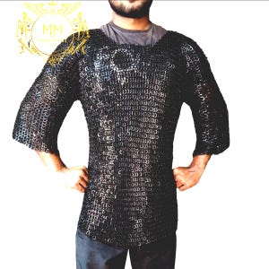 Medieval 9mm flat Ring Riveted Chainmail Armor Black Half Sleeves Shirt With Alternate Ring