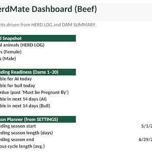 Pode incluir: O painel HerdMate Dashboard (Beef) exibe dados do HERD LOG e DAM SUMMARY. As seções incluem Herd Snapshot com total de animais, vacas e touros; Breeding Readiness para fêmeas 1-20; e um Season Planner com datas de início, fim e ciclo.