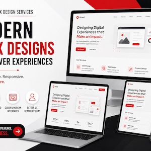 Könnte beinhalten: Eine digitale Marketinggrafik für UI/UX-Design-Dienstleistungen mit einem Desktop-Monitor, Laptop, Tablet und Smartphone, die eine Website-Oberfläche mit roten und schwarzen Akzenten zeigen. Der Text enthält "MODERN UI/UX DESIGNS" und "Designing Digital Experiences that Make an Impact."