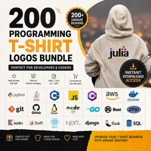 Pacote com 200 designs de camisetas para programadores | Logotipos de programação e tecnologia para impressão sob demanda | PNGs transparentes de alta resolução | Download instantâneo