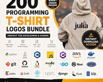 200 Programming T-Shirt Logos Bundle | Coding Tech PNGs (Instant Download)