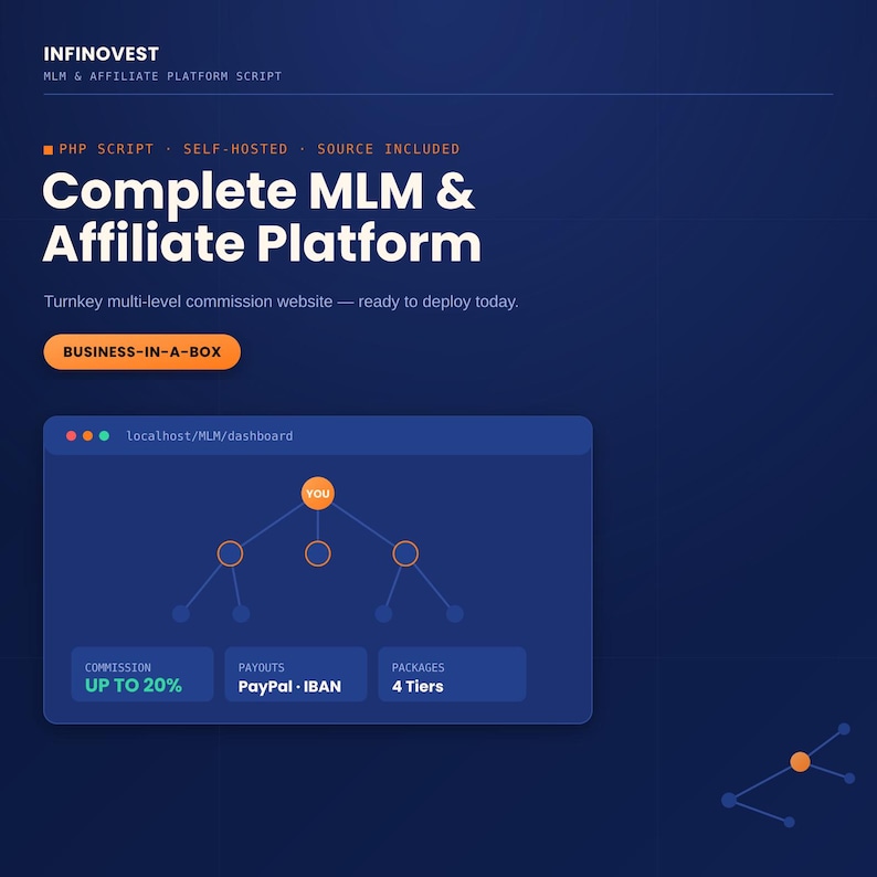 May include: A digital graphic for Infinovest MLM and affiliate platform script. The dark blue background features white text including Complete MLM & Affiliate Platform, Business-in-a-box, and a dashboard illustration showing a network tree structure.