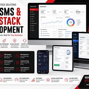 May include: A digital marketing display featuring a desktop monitor, laptop, and smartphone showing CRM and web development dashboards. Text includes CUSTOM FULL STACK SOLUTIONS, CRM, SMS & FULL STACK DEVELOPMENT, and OUR SERVICES with various icons.