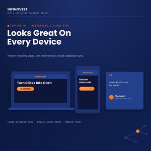 May include: A dark blue digital interface display for Infinovest MLM and affiliate platform script. It features a laptop, smartphone, and testimonial box with orange accents, displaying text like Looks Great On Every Device and Turn Clicks Into Cash.