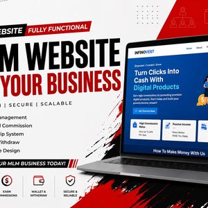 Pode incluir: Um computador portátil exibindo o site da Infinovest com elementos de interface azuis e brancos, apresentando o texto MLM WEBSITE FOR YOUR BUSINESS, junto com ícones de gestão de afiliados, comissões e sistema de carteira em fundo vermelho.