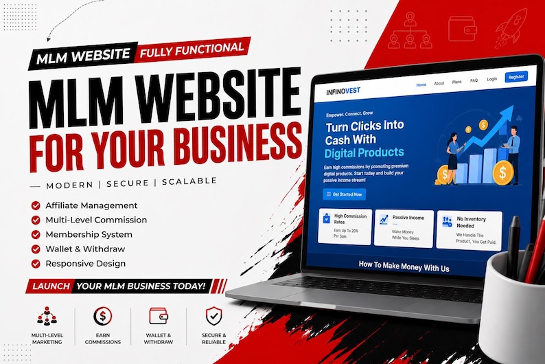 May include: A laptop displaying the Infinovest website with blue and white interface elements, featuring text that reads MLM WEBSITE FOR YOUR BUSINESS, along with icons for affiliate management, commissions, and a wallet system on a red and white background.