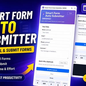 Puede incluir: Anuncio digital de una extensión de navegador "Smart Form Auto Submitter". El gráfico presenta el nombre del producto en letras grandes, en negrita, amarillas y blancas. La extensión promete rellenar y enviar formularios automáticamente, ahorrando tiempo y esfuerzo.