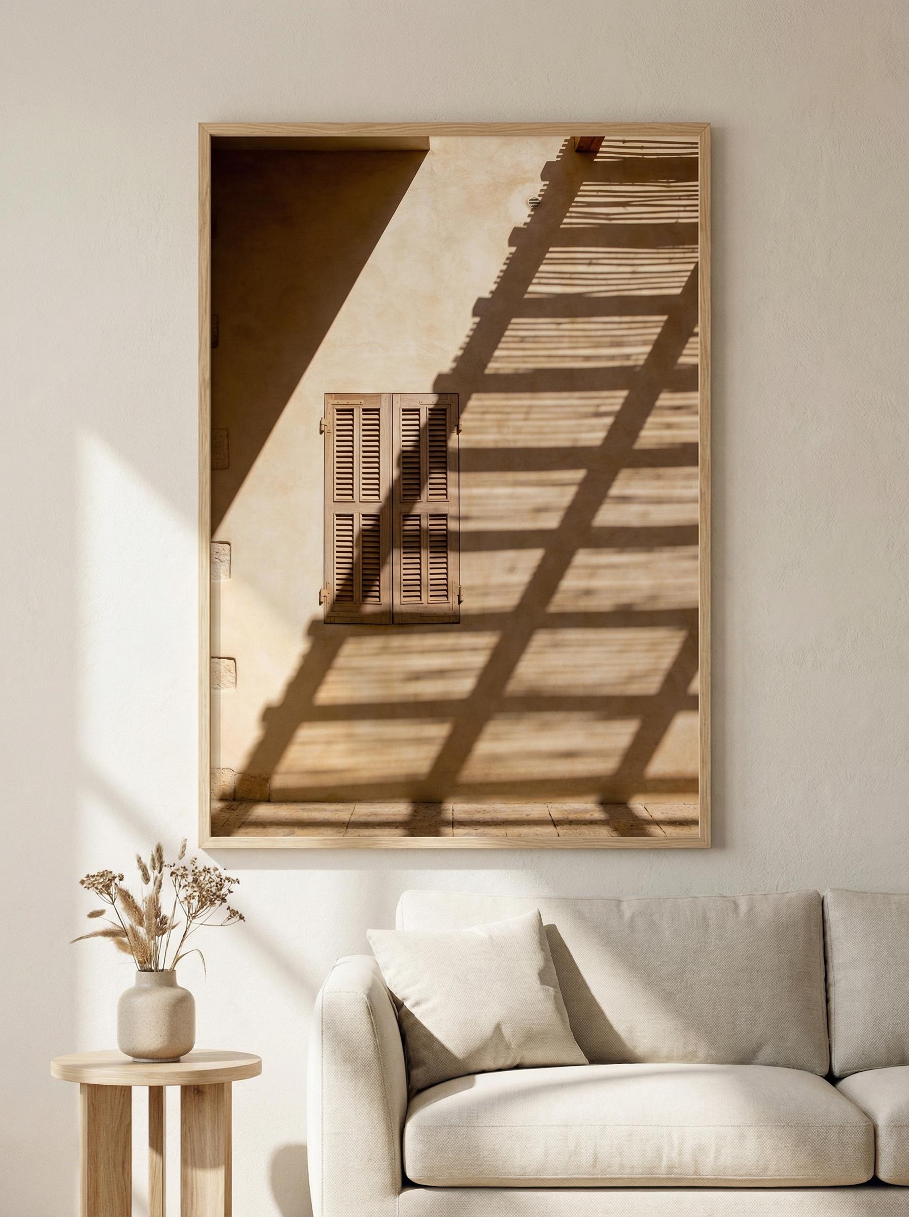 Shutter Print Mediterranean Shutter Print – Rustic Wood Window, Sunlit Shadows ...