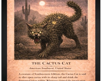 Cactus Cat Cryptid Art Framed Wall Print | 11x14 Southwestern Folklore Illustration