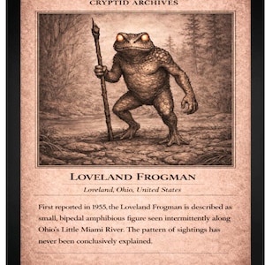 May include: Framed print featuring a sepia-toned illustration of the Loveland Frogman, a bipedal amphibian creature, holding a staff. The print includes the text "CRYPTID ARCHIVES" and details about the Loveland Frogman.