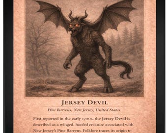 Jersey Devil Cryptid Art Framed Wall Print | 11x14 Pine Barrens Folklore Illustration