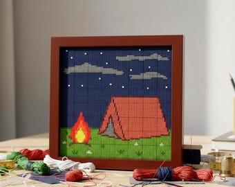 Starry Night Camping Cross Stitch Pattern, Campfire Tent Embroidery Design (PDF Download)
