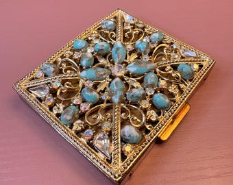 Vintage Gold Tone Powder Compact Mirror Blue Art Glass Rhinestone Hollywood Regency Vanity Compact