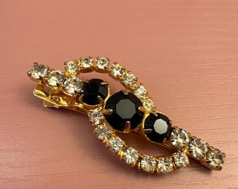 Pinza de piel firmada por Lady Ellen, diamantes de imitación negros, tono dorado, estilo Hollywood Regency Vintage