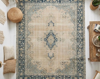 7.7 x 11 ft Vintage Middle Eastern Rug, Faded Blue Wool Carpet