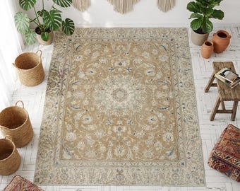 Vintage Oushak Teppich, 15x23 cm, Beige Blauer Wollteppich