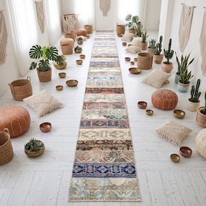 Peut inclure: Un long tapis de couloir étroit présentant un patchwork de motifs variés de style vintage dans des tons de bleu, marron, beige et crème. Le tapis est centré sur un sol blanc, entouré de paniers tressés, de plantes et de poufs en cuir.