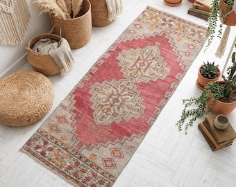 Vintage Turkish Runner Rug, Red Grey Oushak, Tribal Entryway Carpet (2.2x6.4 ft)