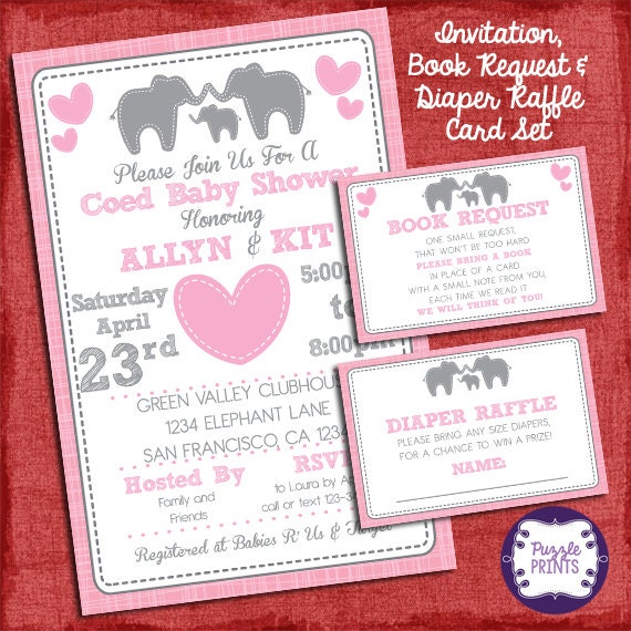 Elephant Baby Shower Girl Invitation With Diaper Raffle And Image 0