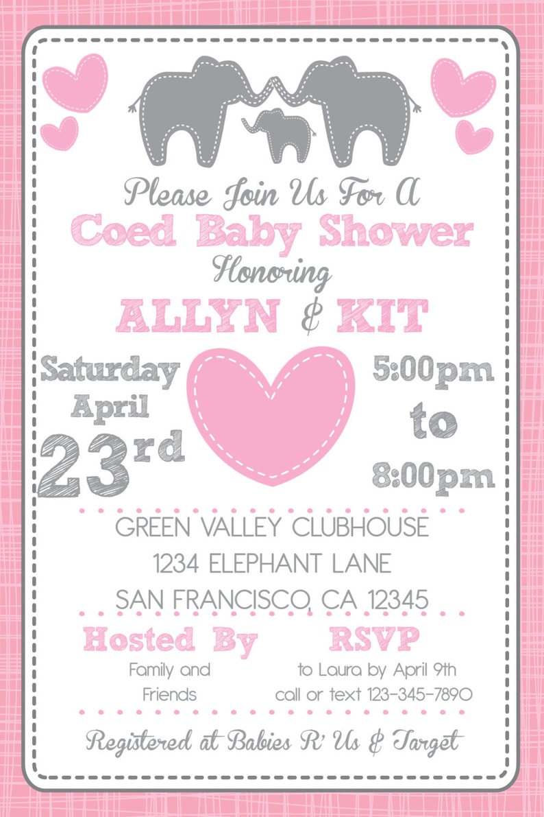 Elephant Baby Shower Girl Invitation with Diaper Raffle and Book Insert Party-I design you print Baby Shower Invitation