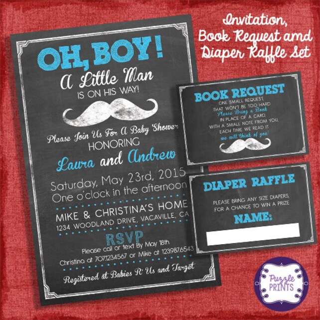 Mustache Baby Shower Invitation Set Invite Diaper Raffle Ticket