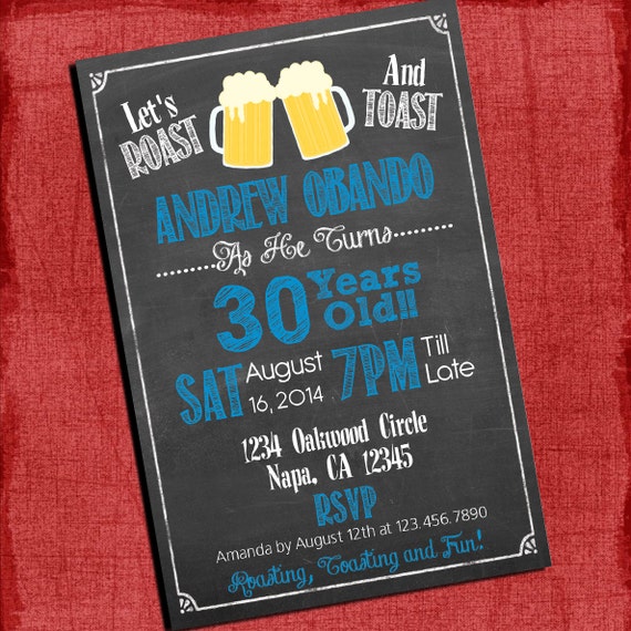 Roast And Toast Beer Cheers Chalkboard Style Birthday Invitation 4x6