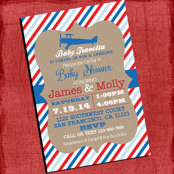 airplane theme baby shower invitation vintage invite 4x6 or 5x7