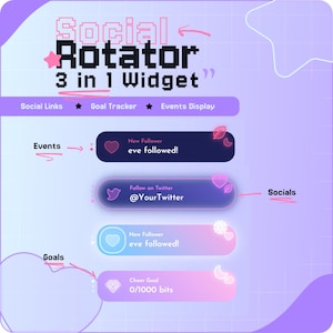 Events + Social Rotator Widget for StreamElements | 3-in-1 Twitch Overlay | Goals, Events & Socials | Kawaii Pastel